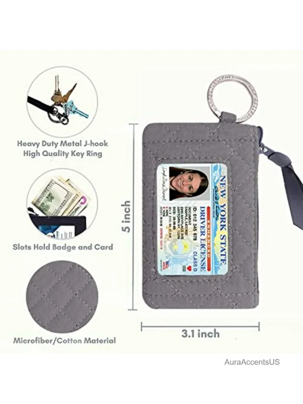 Quilted Microfiber Lanyard with Zipper Wallet ID Case Keychain